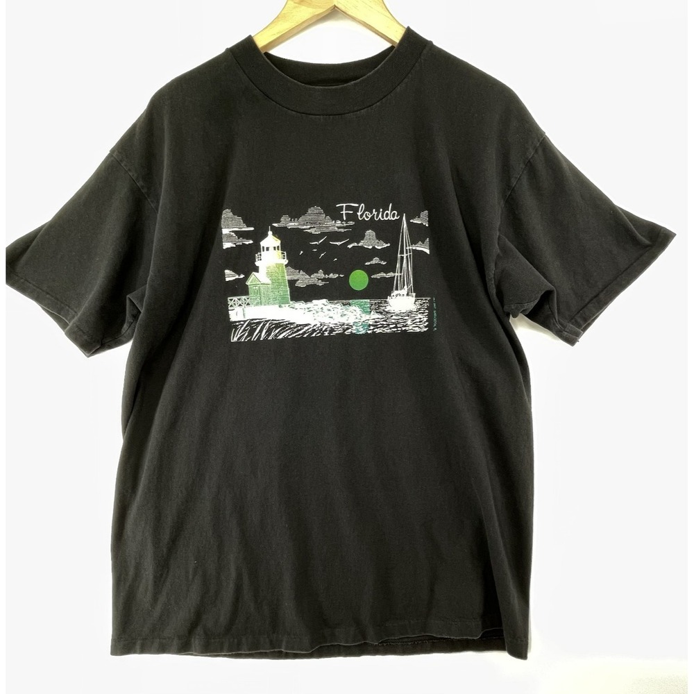 Vintage 90s T Shirt XL Black Florida Lighthouse Boat Single Stitch Thick Oneita